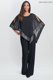 Gina Bacconi Black Eve Asymmetrical Cape Jumpsuit With Foil Trim (K79942) | $590