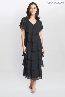 ブラック - Gina Bacconi Rebecca Midi Tiered Dress With Shoulder Trim (K79985) | ￥42,280