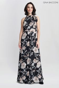 Gina Bacconi Printed Maxi Black Dress With Tie Neckline Detail (K79996) | 12,588 UAH