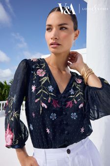 V&A | Love & Roses Navy Blue Embroidered V Neck 3/4 Sleeve Dobby Top (K80005) | AED244