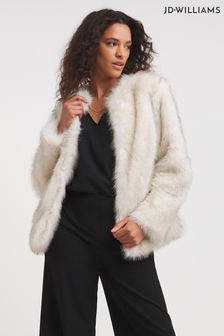 JD Williams Cream Collarless Long Pile Faux Fur Coat (K80056) | €45