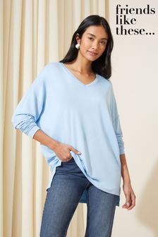 Albastru - Bluză Friends Like These stil tunică din jerseu moale cu guler în V și mânecă lungă (K80155) | 131 LEI