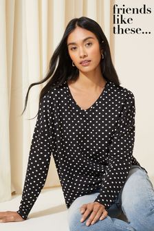Friends Like These Mono Polka Dot Soft Jersey V Neck Long Sleeve Tunic Top (K80171) | OMR13