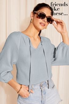 Friends Like These Blue 3/4  Sleeve Tie Neck Crinkle Cotton Blouson Blouse (K80255) | $46