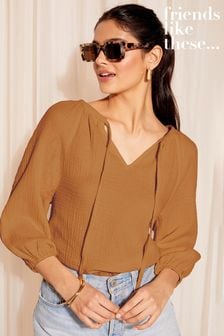 Rostorange - Friends Like These Blouson-Bluse aus Baumwolle in Knitteroptik mit 3/4-Ärmeln und Schnürung (K80256) | 41 €