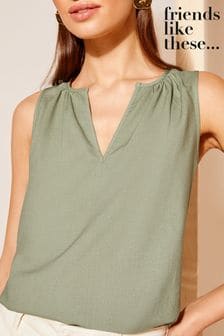 Friends Like These Khaki Green Swing Shell Vest Top with Linen (K80273) | 147 SAR