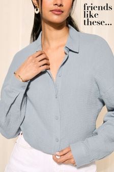 Blau - Friends Like These Langärmeliges Crinkle-Baumwollhemd mit Knopfleiste (K80277) | 44 €