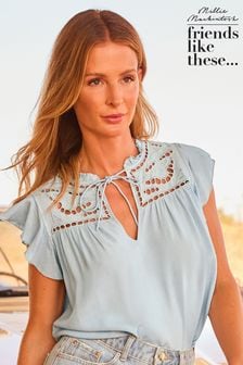 Blue - Friends Like These Ruffle Sleeve Tie Front Cutwork Embroidered Blouse (K80362) | kr600