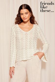 Friends Like These Ivory White Crochet Flute Sleeve Top (K80407) | AED189
