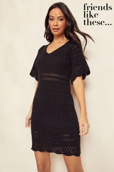 Friends Like These Black V Neck Crochet Mini Dress (K80417) | KRW89,700