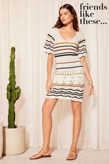 Friends Like These White Multi V Neck Crochet Mini Dress (K80440) | €55