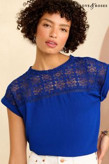 Love & Roses Blue Crochet Yoke Woven T-Shirt (K80461) | €34