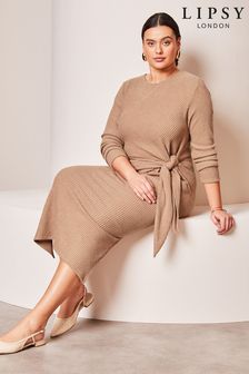 Lipsy Camel Curve Crew Neck Cosy Long Sleeve Tie Side Jersey Midi Jumper Dress (K80474) | AED205