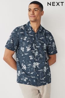 Navy Blue Printed Floral Short Sleeve Shirt with Cuban Collar (K80556) | $65