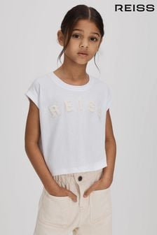 Reiss White Taya 9-13 yrs Textured Motif Cotton Crew Neck T-Shirt (K80583) | $35