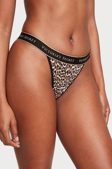 Коричневый с леопардовым принтом Основные инстинкты - Трусы-танга с логотипом Victoria's Secret (K80594) | €12