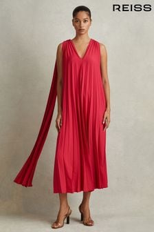 Reiss Coral Loreli Pleated Cape Sleeve Midi Dress (K80820) | €432