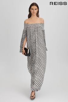 Reiss Black/Cream Fabia Striped Bardot Maxi Dress (K80849) | SGD 656