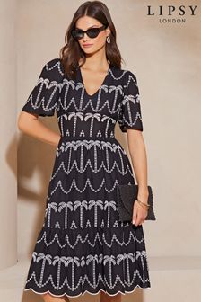 Lipsy Black/White Broderie Short Sleeve Embroidered Tiered Midi Dress (K81178) | KRW120,300