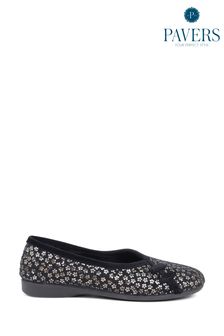 Pavers Floral Fleece Lined Black Slippers