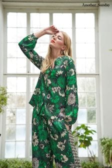 Another Sunday Long Sleeved Satin Black Blouse In Green Floral Print (K81295) | $83