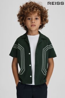 Reiss Green Arlington Junior Cotton Embroidered Cuban Collar Shirt (K81438) | OMR21