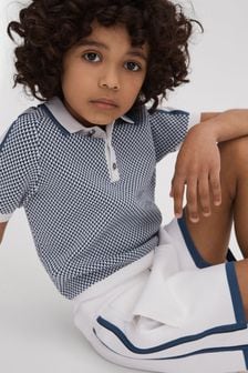 Reiss Blue Brunswick Junior Geometric Design Knitted Polo Shirt (K81457) | OMR29