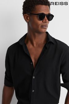 Reiss Black Corsica Textured Button-Through Shirt (K81462) | 647 QAR