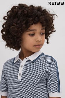 Reiss Blue Brunswick Senior Geometric Design Knitted Polo Shirt (K81490) | €48