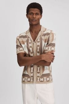 Kamel/Bunt - Reiss Beresford Strick-Hemd mit kubanischem Kragen (K81496) | 200 €