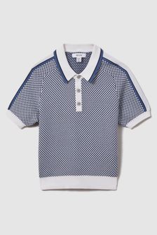 Reiss Blue Brunswick Teen Geometric Design Knitted Polo Shirt (K81518) | 338 QAR