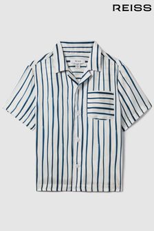 Reiss White/Blue Rava Teen Striped Cuban Collar Shirt (K81520) | OMR35