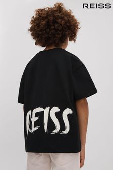 Reiss Washed Black Abbott Cotton Motif T-Shirt (K81576) | 162 QAR