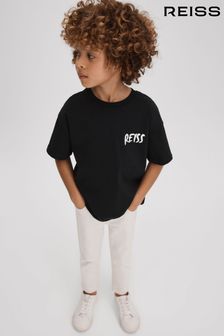 Reiss Washed Black Abbott Junior Cotton Motif T-Shirt (K81589) | AED130