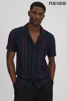 Reiss Navy/Bordeaux Castle Ribbed Striped Cuban Collar Shirt (K81593) | AED634