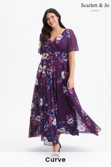 Scarlett & Jo Purple Navy Floral Isabelle Angel Sleeve Maxi Dress (K81715) | 470 QAR