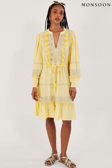 Monsoon Yellow Embroidered Pom Pom Kaftan Dress (K81758) | AED568