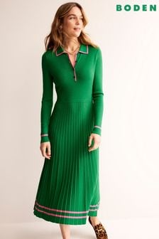Boden Green Mollie Pleated Knitted Midi Dress (K81939) | SGD 232