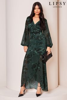 Lipsy Green Floral Long Sleeved Wrap Front Ruched Midaxi Dress (K82008) | EGP2,067
