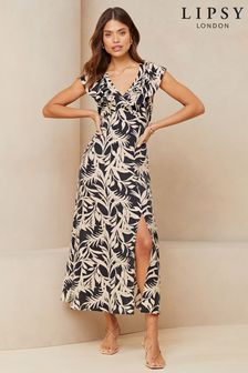 Lipsy Black/White Sleeveless V Neck Ruffle Summer Midi Dress (K82116) | $74