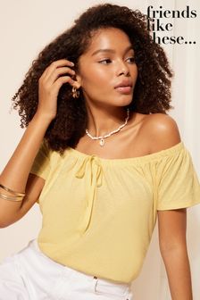 Friends Like These Yellow Linen Look Cotton Slubby Tie Neck T-Shirt (K82167) | $36