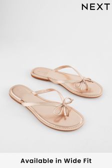 Rose Gold Extra Wide Fit Forever Comfort® Bow Detail Leather Flip Flops (K82186) | AED76