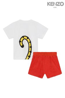 סט חולצה עם שרוול קצר והדפס טייגר מקדימה ומאחורה באדום ומכנסיים קצרים לתינוקות של Kenzo Kids