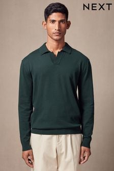 Green Regular Knitted Long Sleeve Trophy Neck Polo Shirt (K82256) | $40