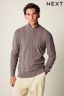 Dark Brown Texture Regular Fit Quarter Zip Jumper (K82284) | $43