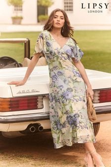 Lipsy Blue Flutter Sleeve Floral Chiffon Midi Dress (K82305) | $76