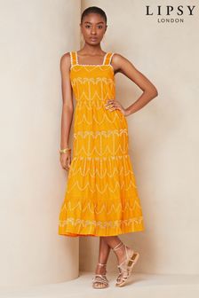 Lipsy Yellow Palm Broderie Tiered Summer Holiday Midi Dress (K82307) | 302 SAR