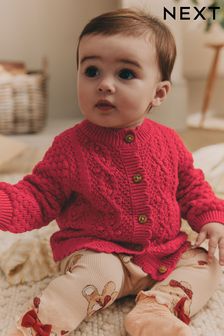 Red Baby Knitted Bobble 100% Cotton Cardigan (0mths-2yrs) (K82417) | 64 QAR - 74 QAR