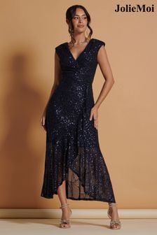 Granatowy - Kopertowa sukienka maxi Jolie Moi ze zdobieniem z cekinów i dołem wykończonym falbanką (K82575) | 600 zł