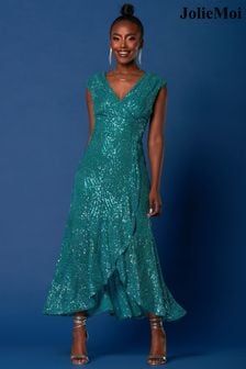 Jolie Moi Sequin Wrap Ruffle Hem Maxi Dress (K82580) | SGD 175